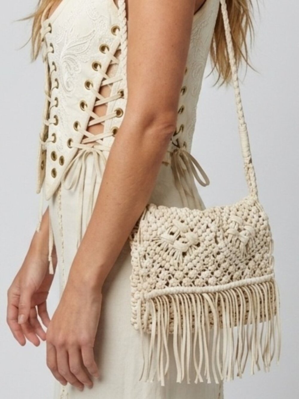 Vintage Macrame Fringe Cotton Boho Crossbody Small Purse